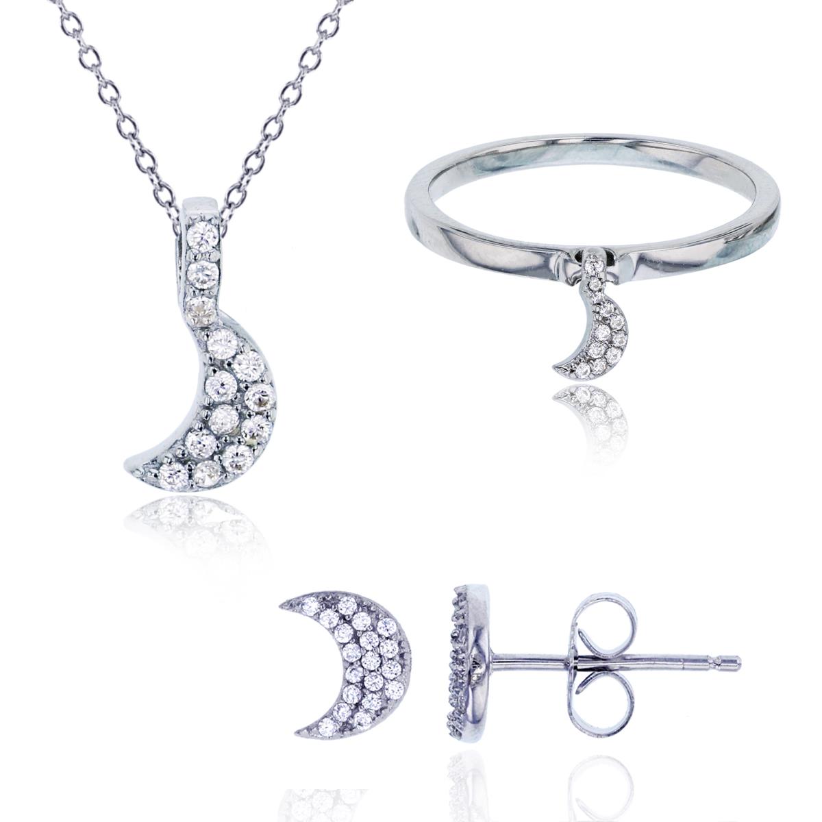 Sterling Silver Rhodium Micropave Moon Stud Earring, Ring & 18" Necklace Set
