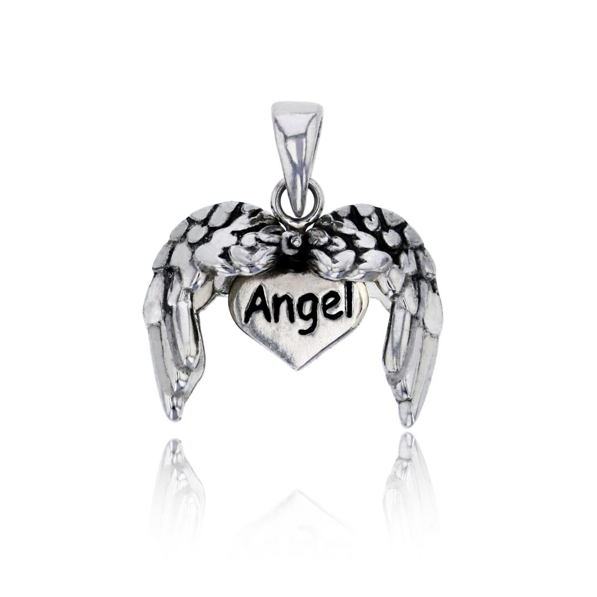 Sterling Silver Oxidized Opening Wings Reveling "Angel" Heart Shaped Pendant