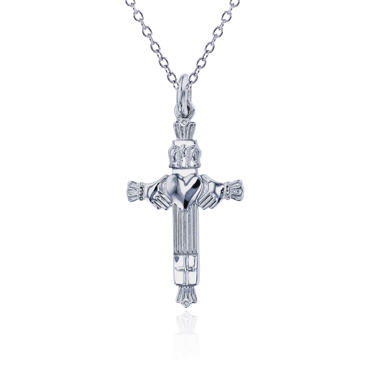 Sterling Silver Rhodium Polished 35X20mm Claddagh Cross 18" Necklace