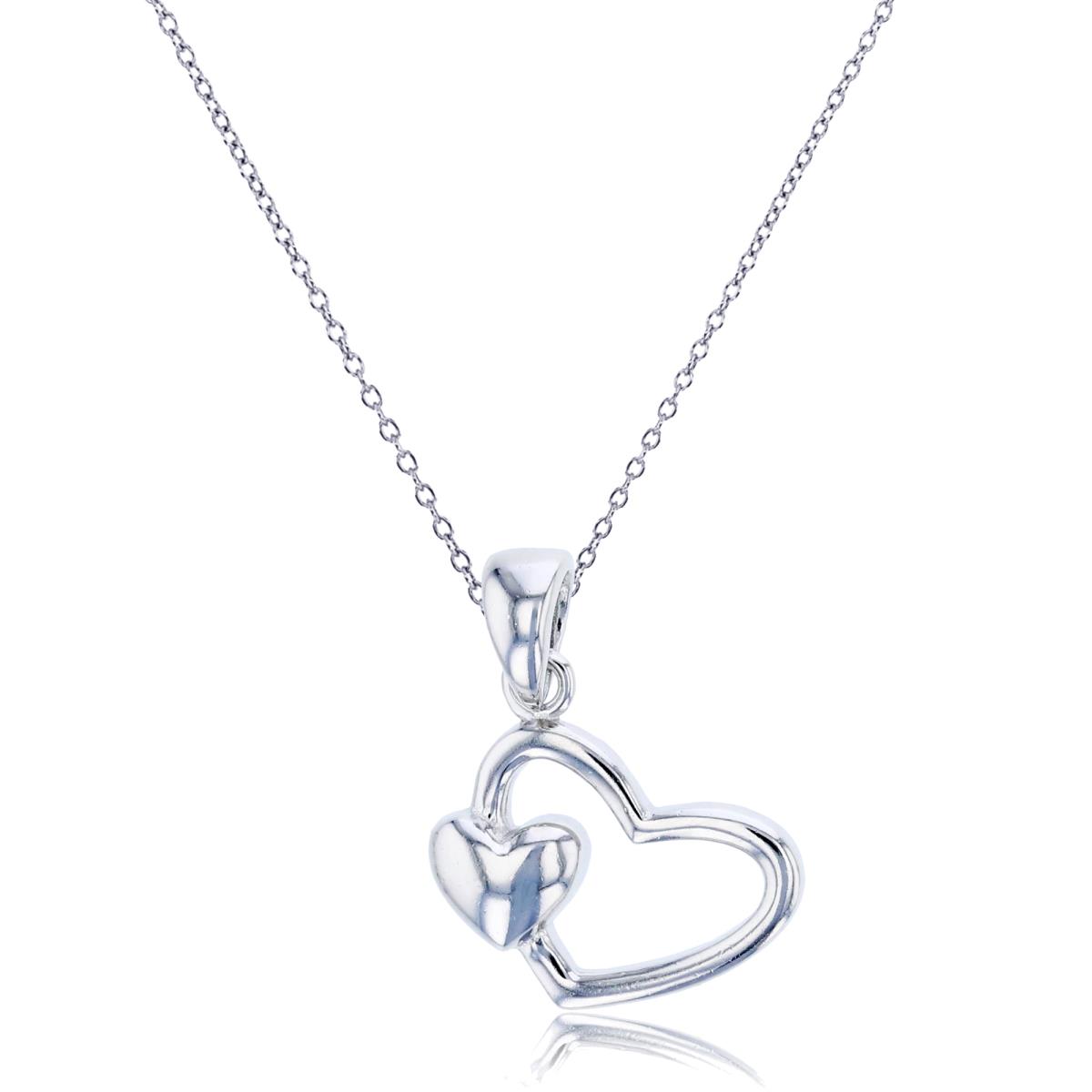 Sterling Silver Rhodium High Polished Double Heart 18" Necklace