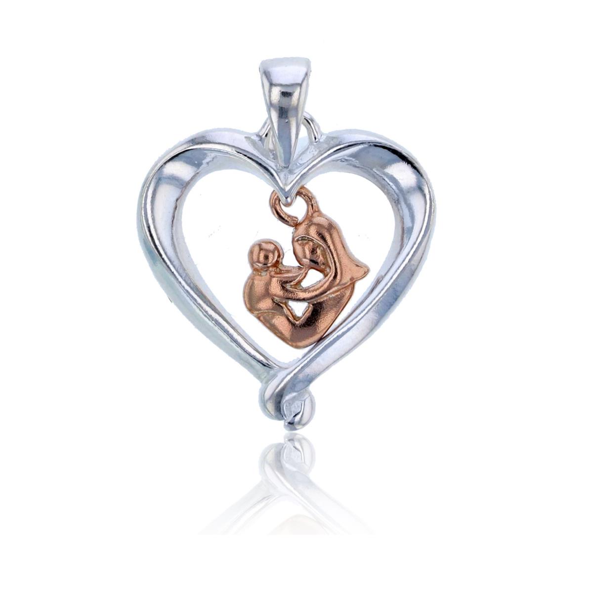 Sterling Silver Rose & Rhodium Open Heart with Dangling Mom Holding Baby Pendant