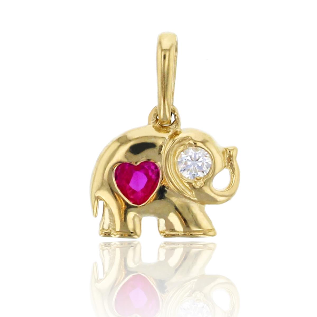 14K Yellow Gold Clear and Heart Red Ruby Elephant 18" Necklace