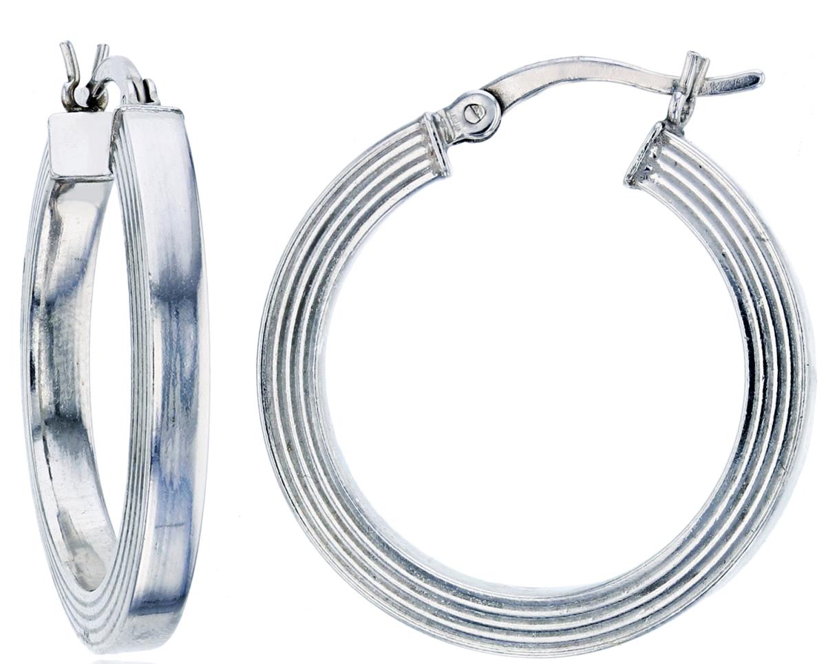 Sterling Silver Rhodium 25x3mm Striped Hoop Earring