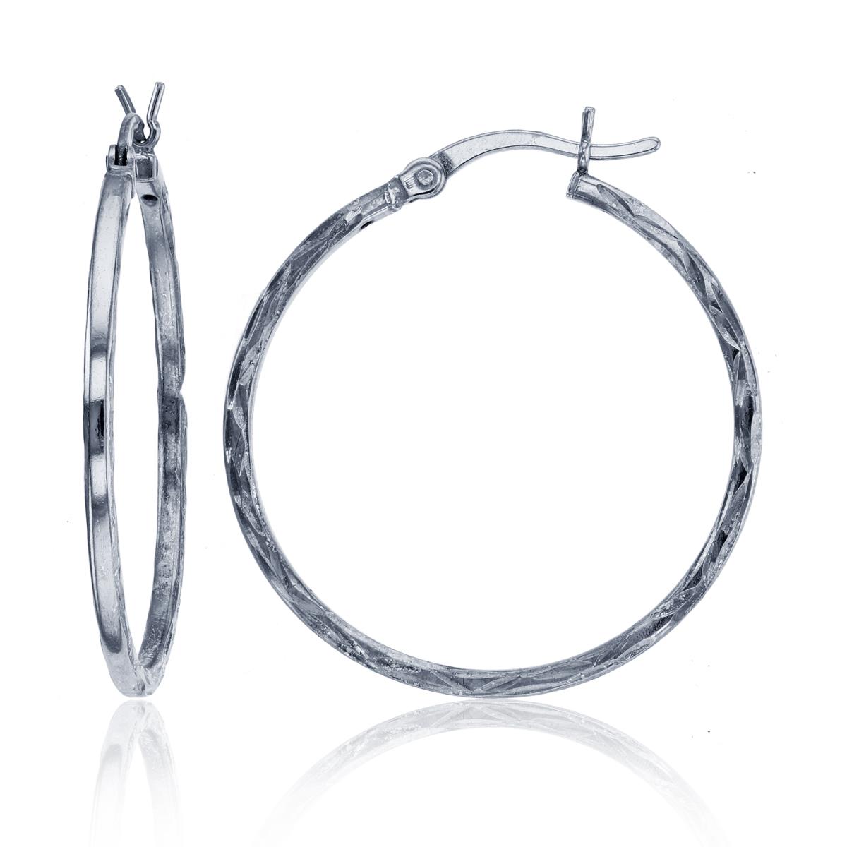 Sterling Silver Rhodium 30x2mm Diamond Cut Hoop Earring