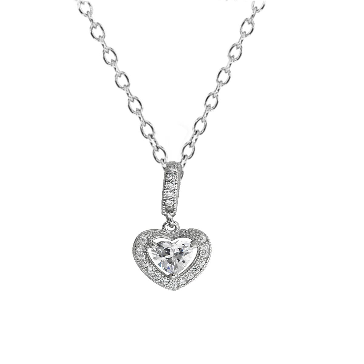 Sterling Silver Rhodium Micropave Halo Heart 18" Necklace