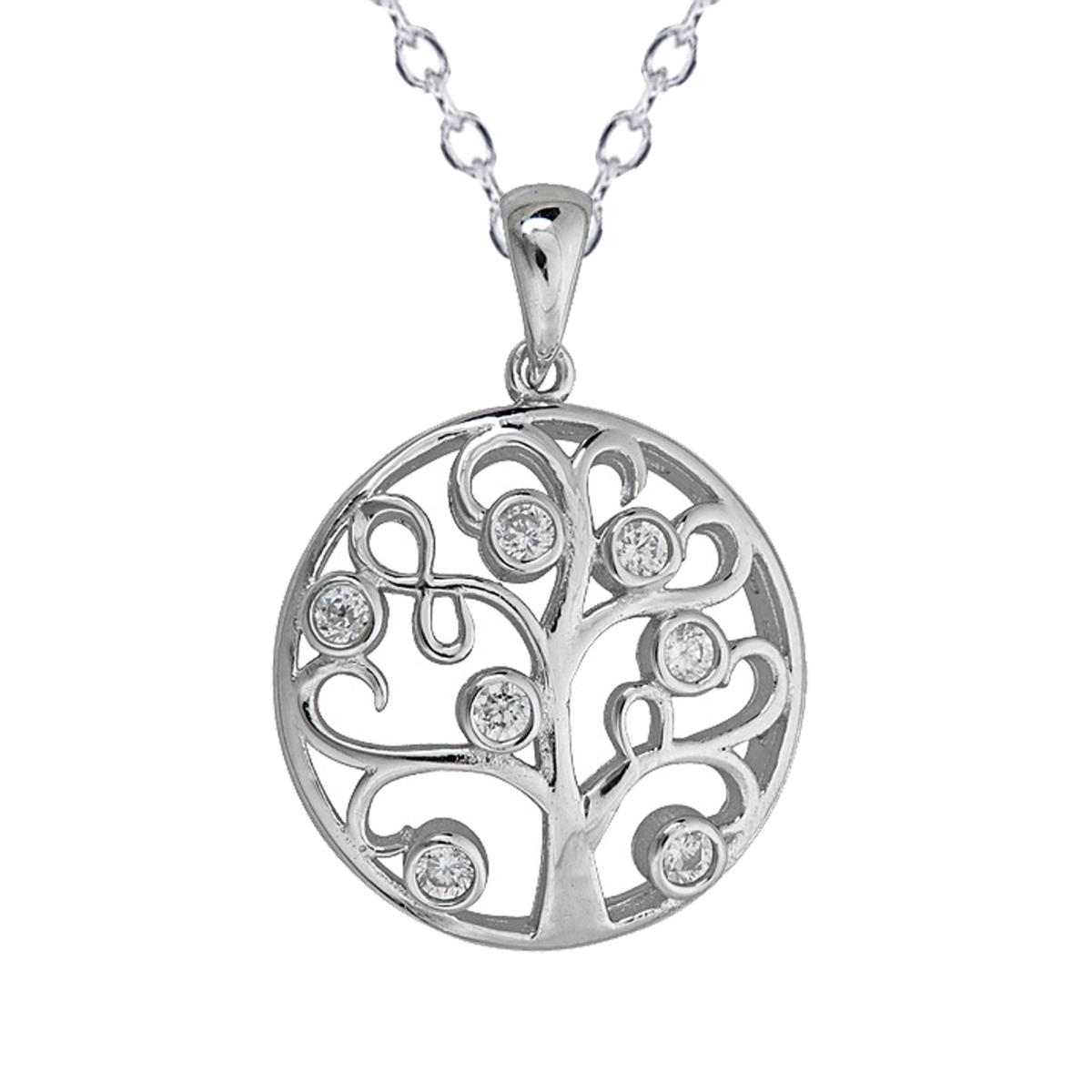 Sterling Silver Rhodium CZ Tree of Life 18" Necklace