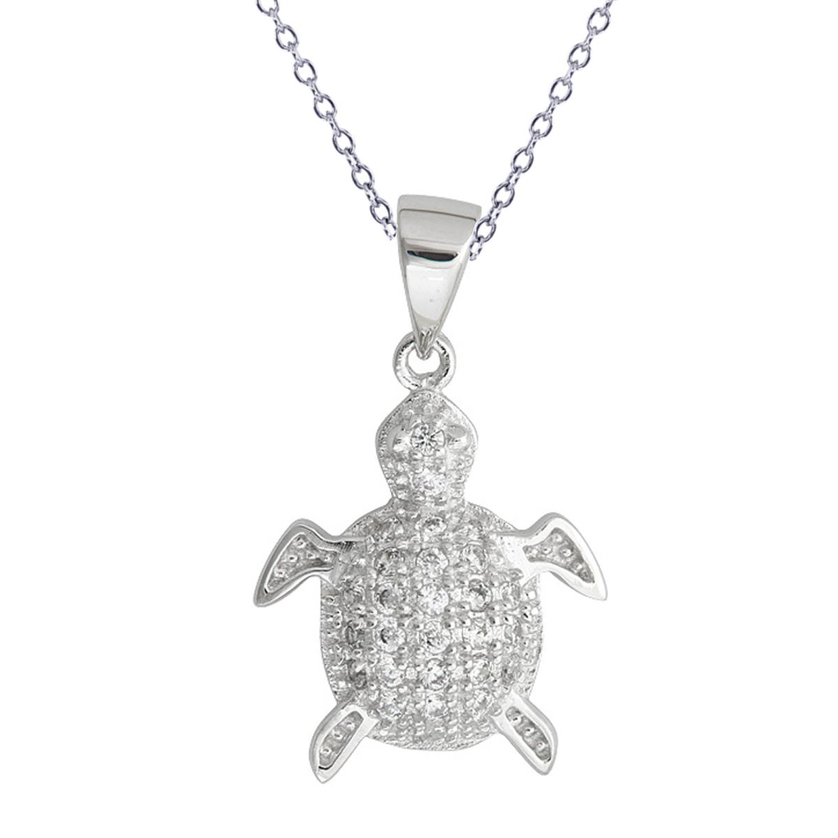 Sterling Silver Rhodium CZ Turtle 18" Necklace