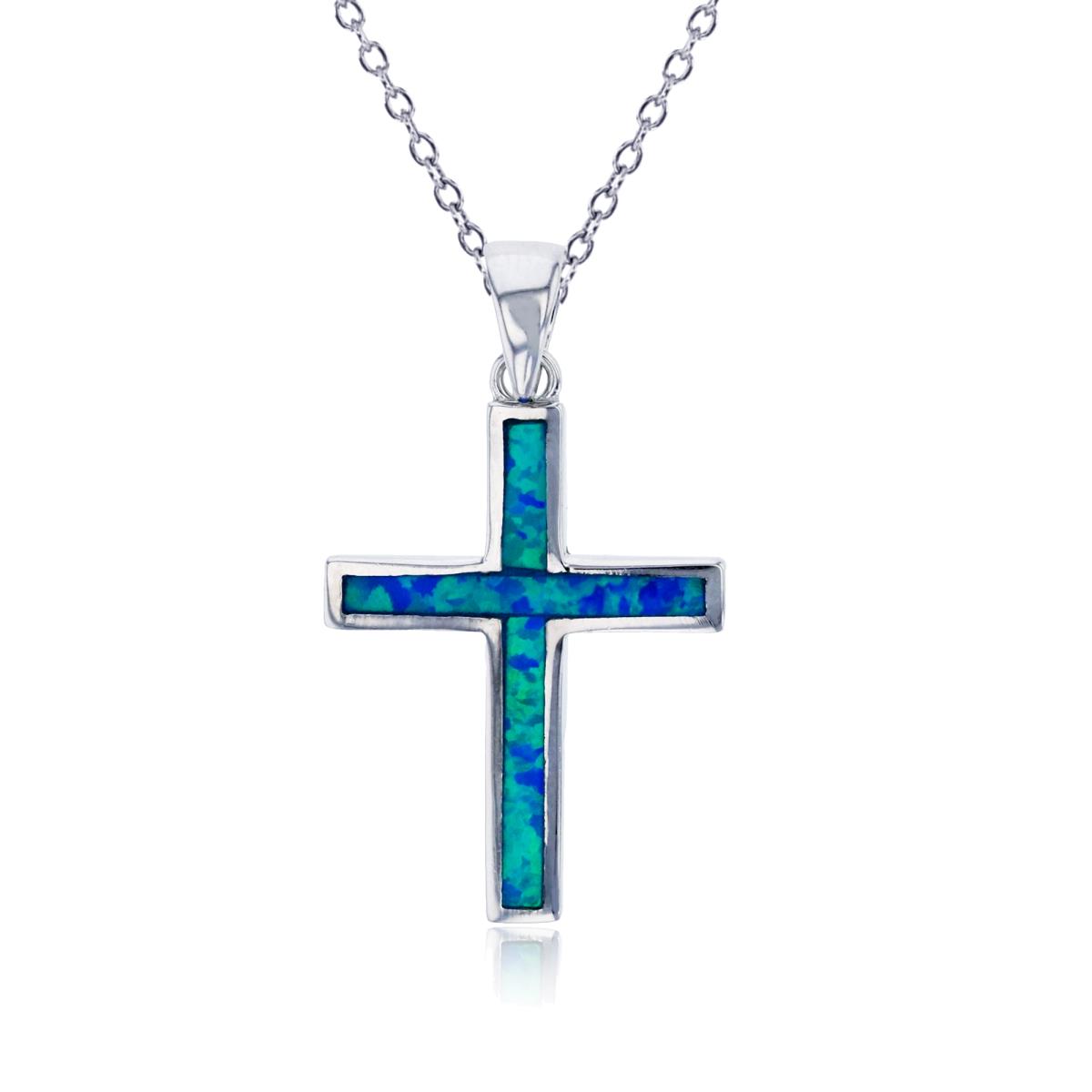 Sterling Silver Rhodium Created Blue Opal Cross 16