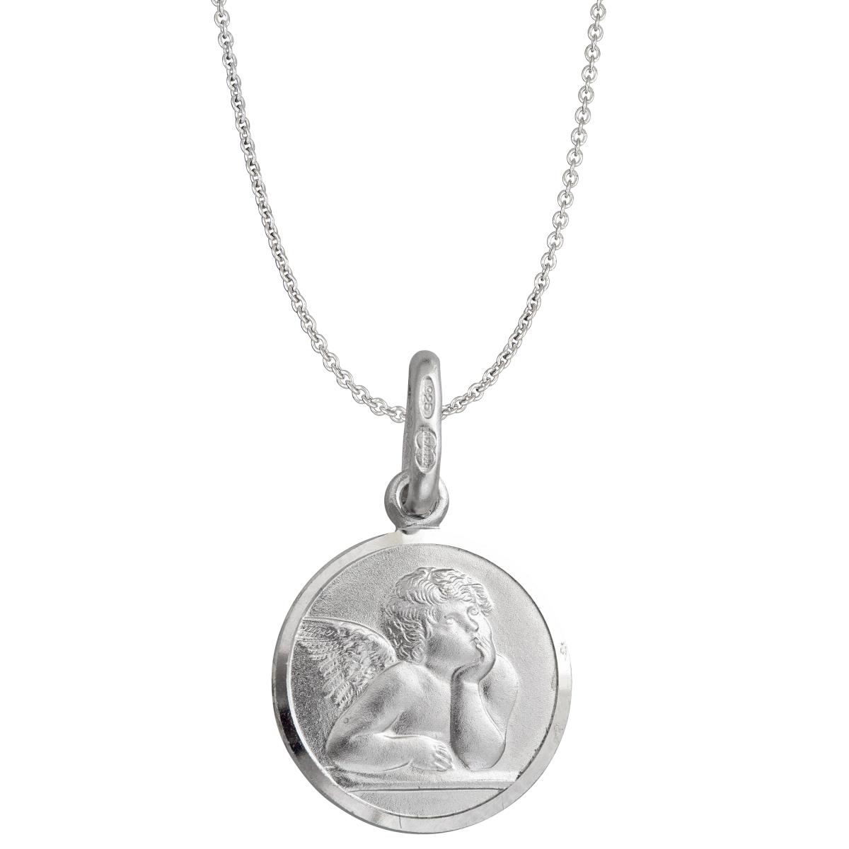 Sterling Silver mm Round Cherub Angel Medal 18" Necklace