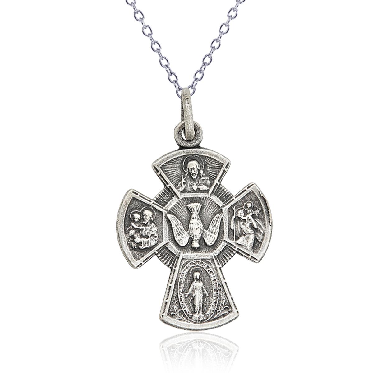 Sterling Silver Rhodium Oxidized Vintage Four Way Religious Cross 18" Necklace