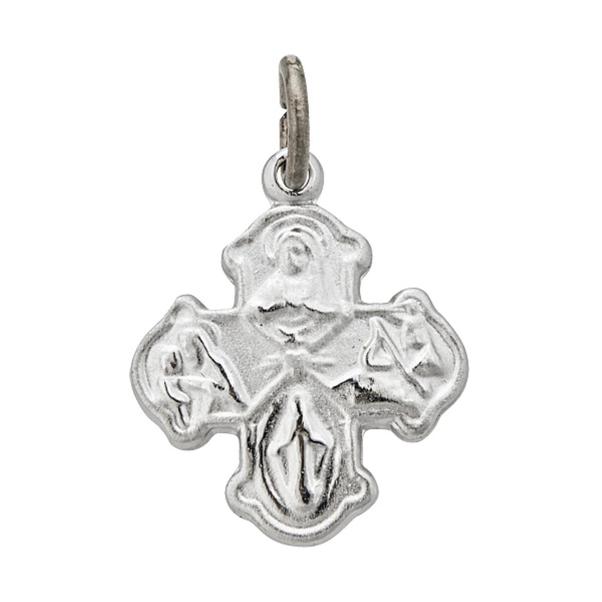 Sterling Silver Rhodium High Polished and Satin Small Four Way Religious Cross 18" Necklace