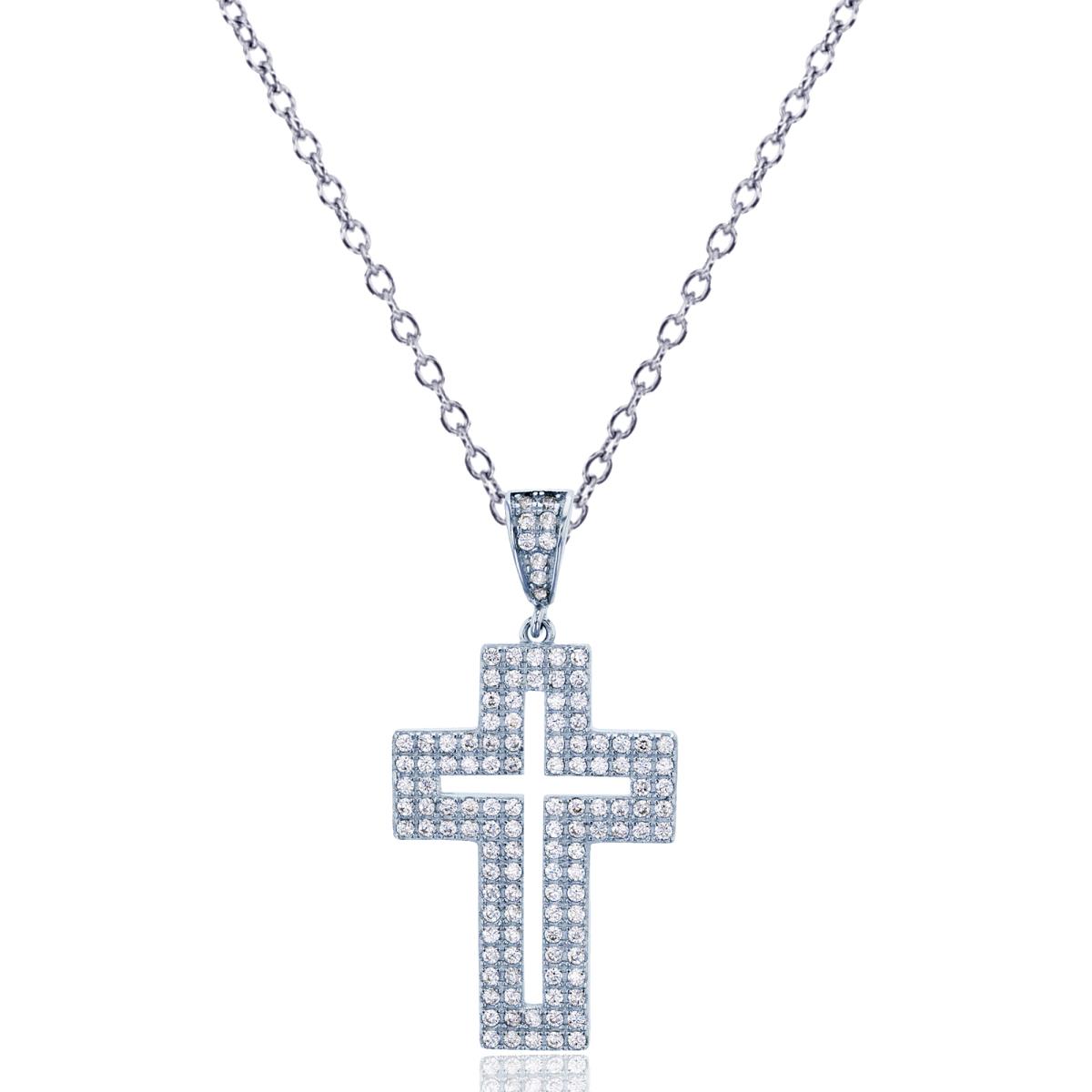 Sterling Silver Rhodium Micropave Open Cross Dangling 18" Necklace