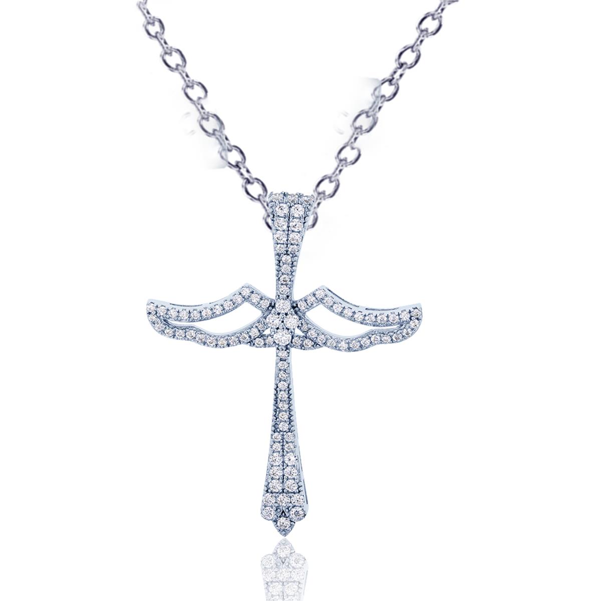 Sterling Silver Rhodium Pave Cross With Wings Dangling 18" Necklace
