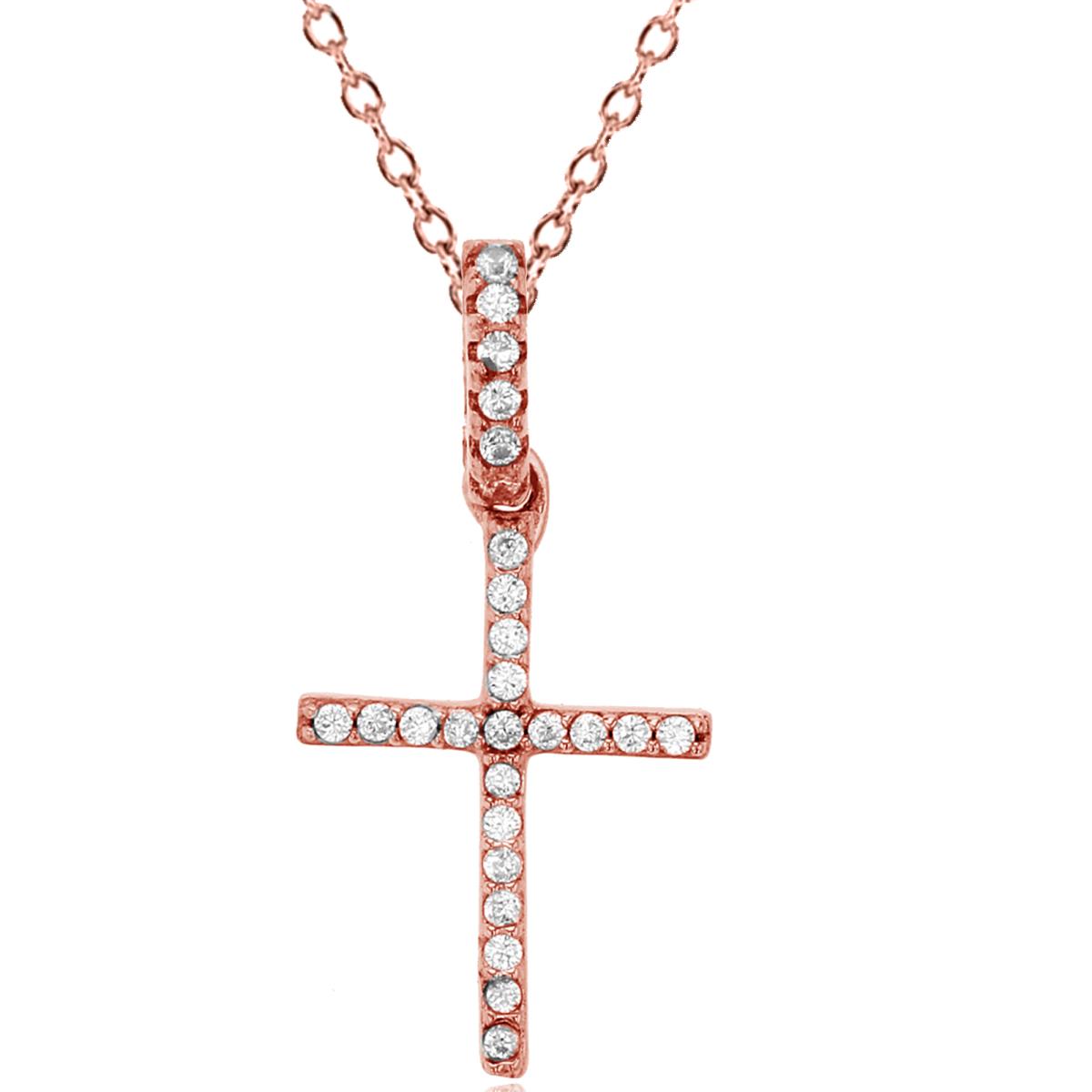 Sterling Silver Rose Pave Cross Dangling 13"+2" Extender Necklace