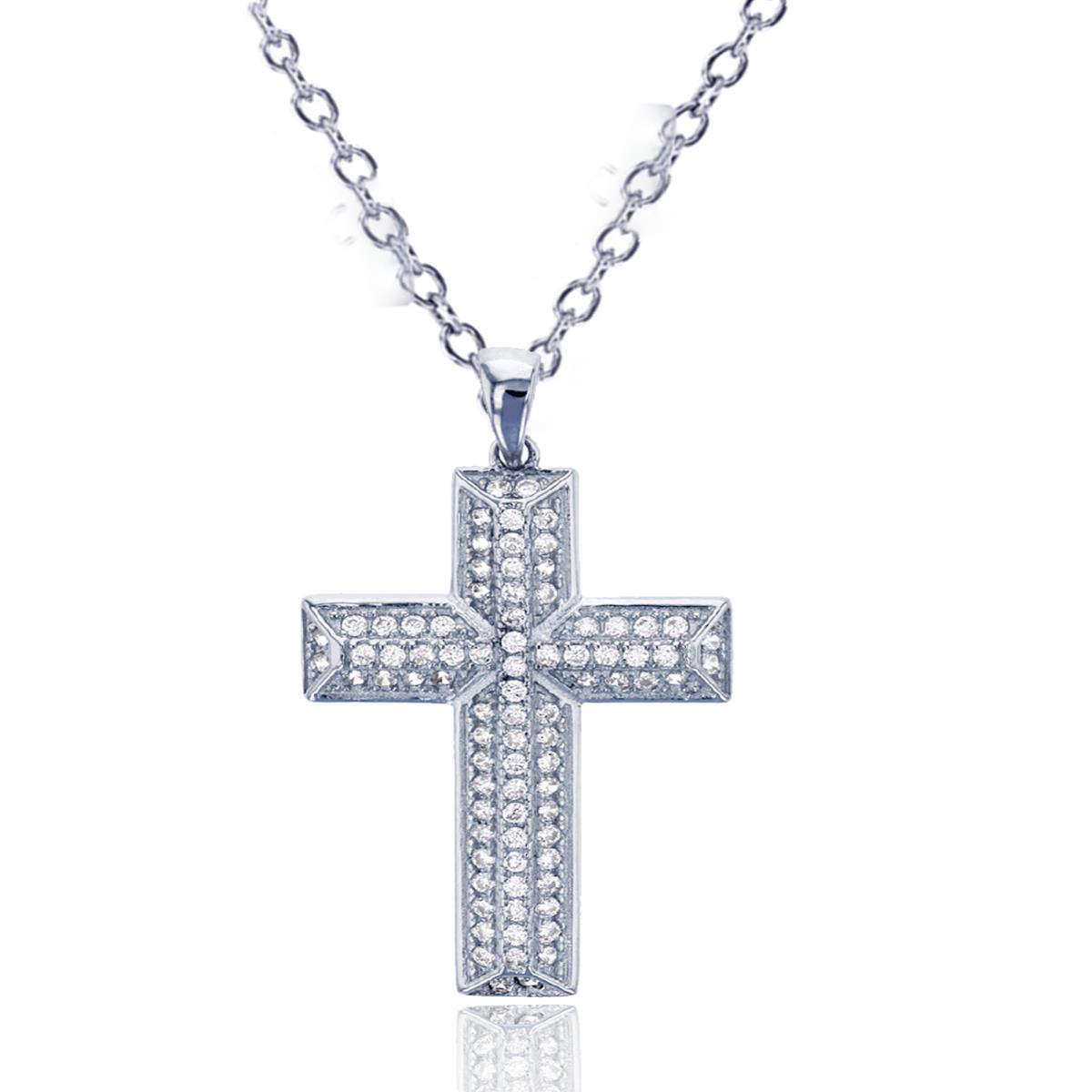 Sterling Silver Rhodium Pave Round CZ Cross Dangling 18" Necklace