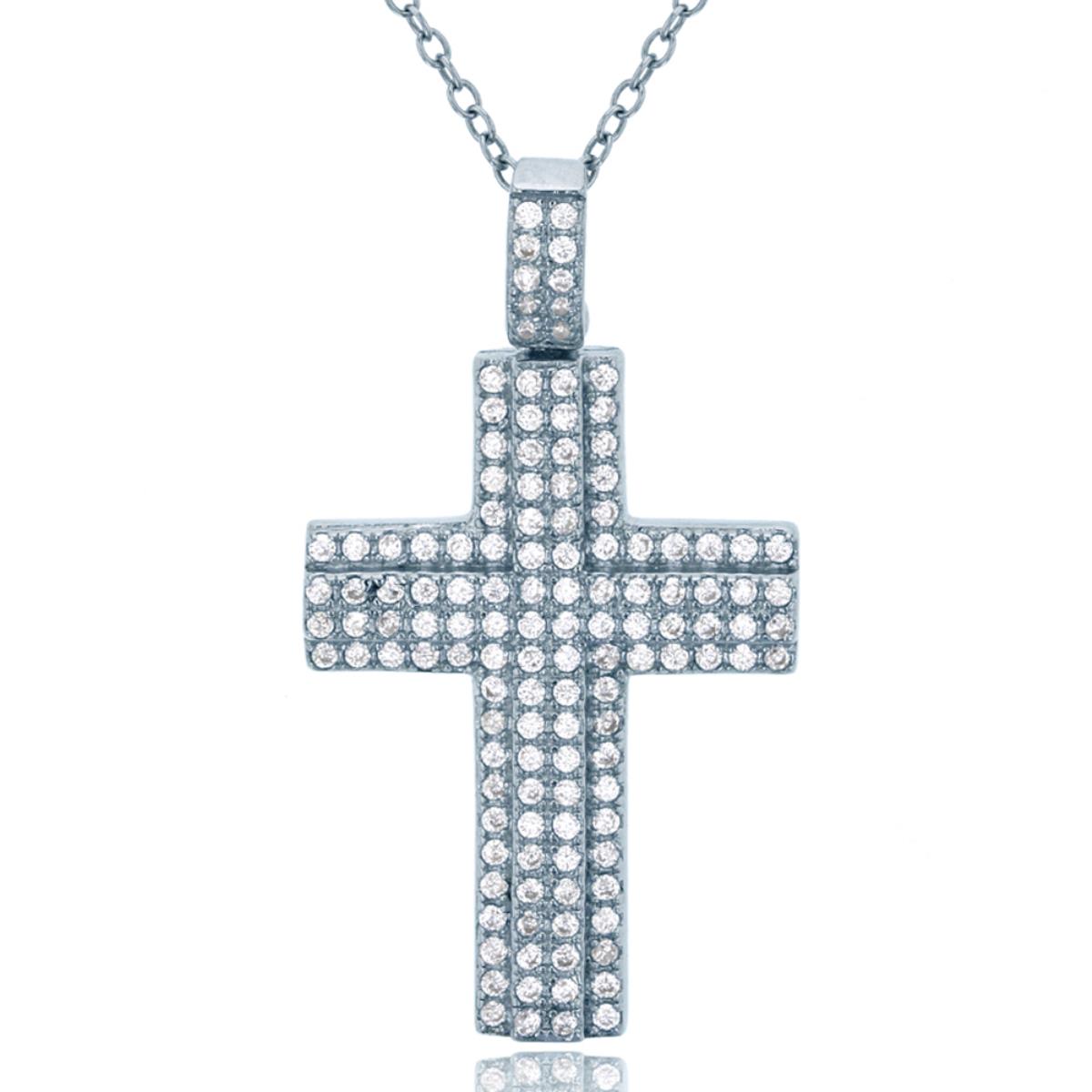 Sterling Silver Rhodium Micropave Cross Pendant 18" Necklace