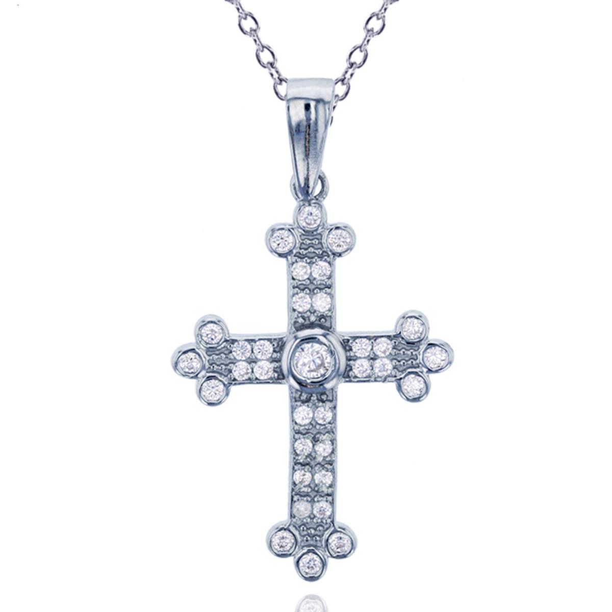 Sterling Silver Rhodium Micropave Round Bezel Cross Pendant 18" Necklace