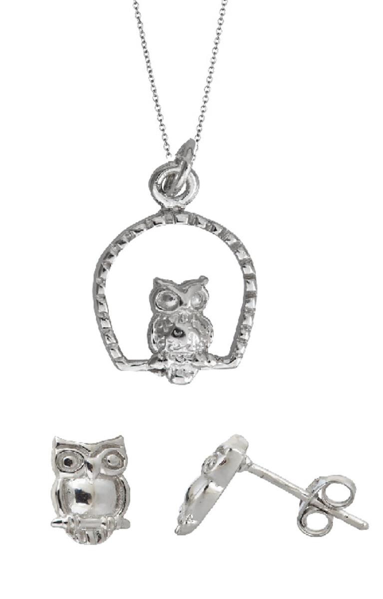 Sterling Silver Owl 13"+2" Necklace & Stud Earring Set