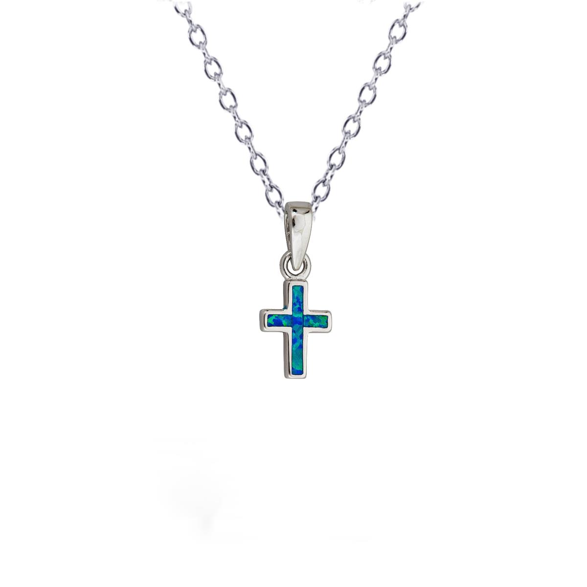 Sterling Silver Created Opal Cross 13+2" Necklace