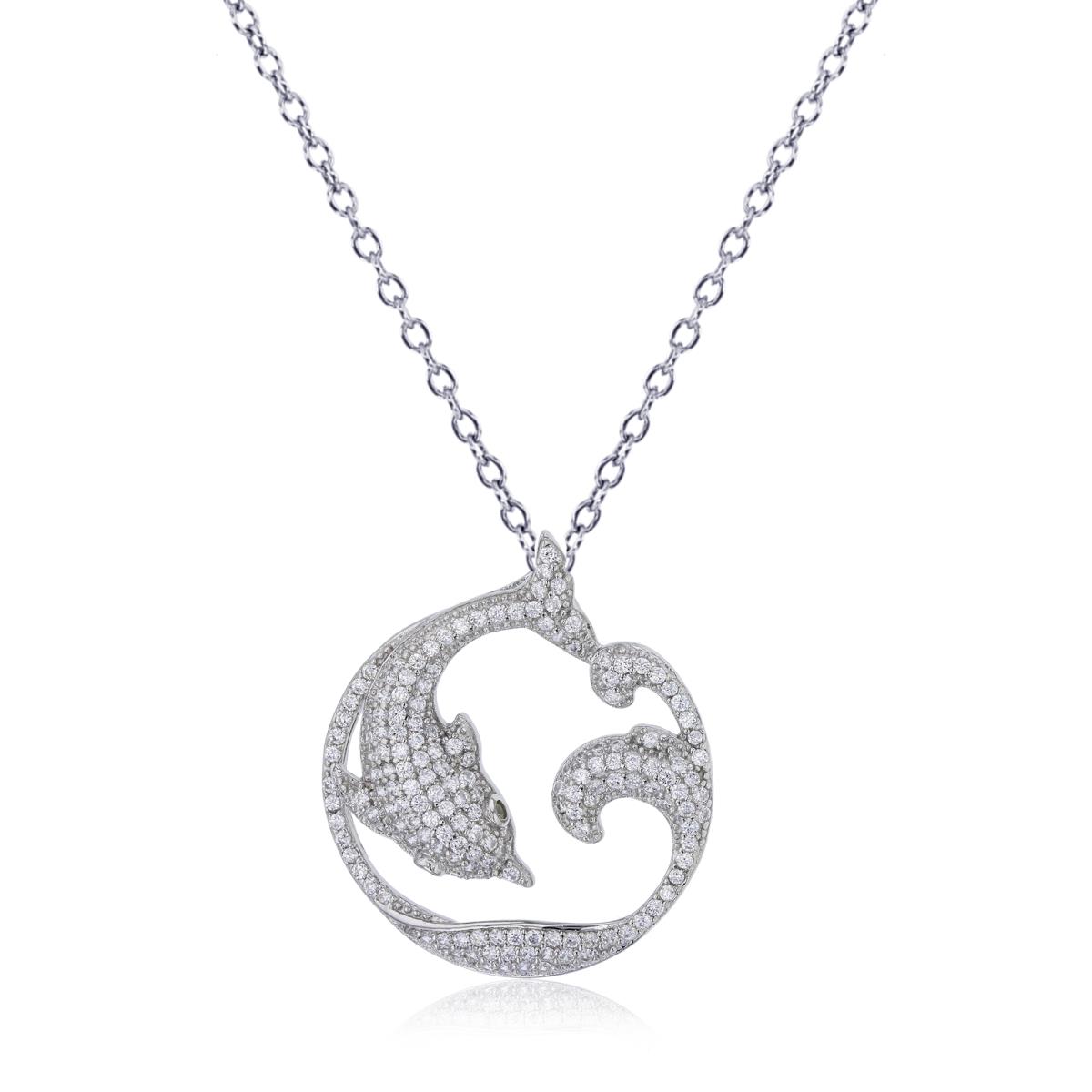 Sterling Silver Rhodium Micropave Dancing Dolphin 18" Necklace