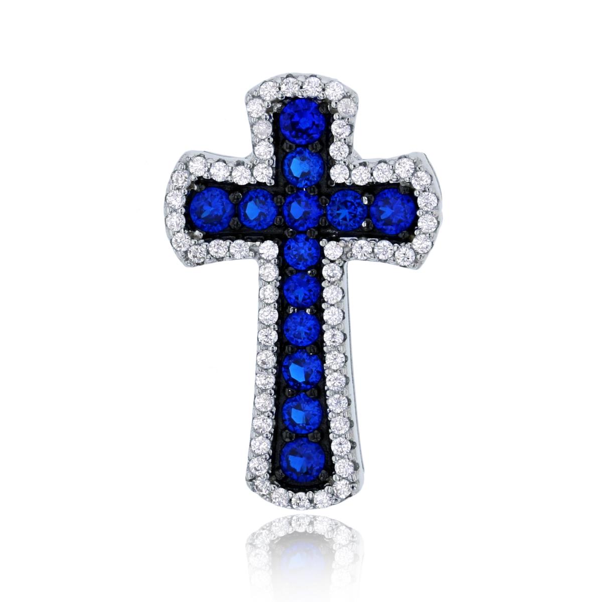 Sterling Silver Rhodium 25x15mm Blue Spinel & White Glass Cross Pendant