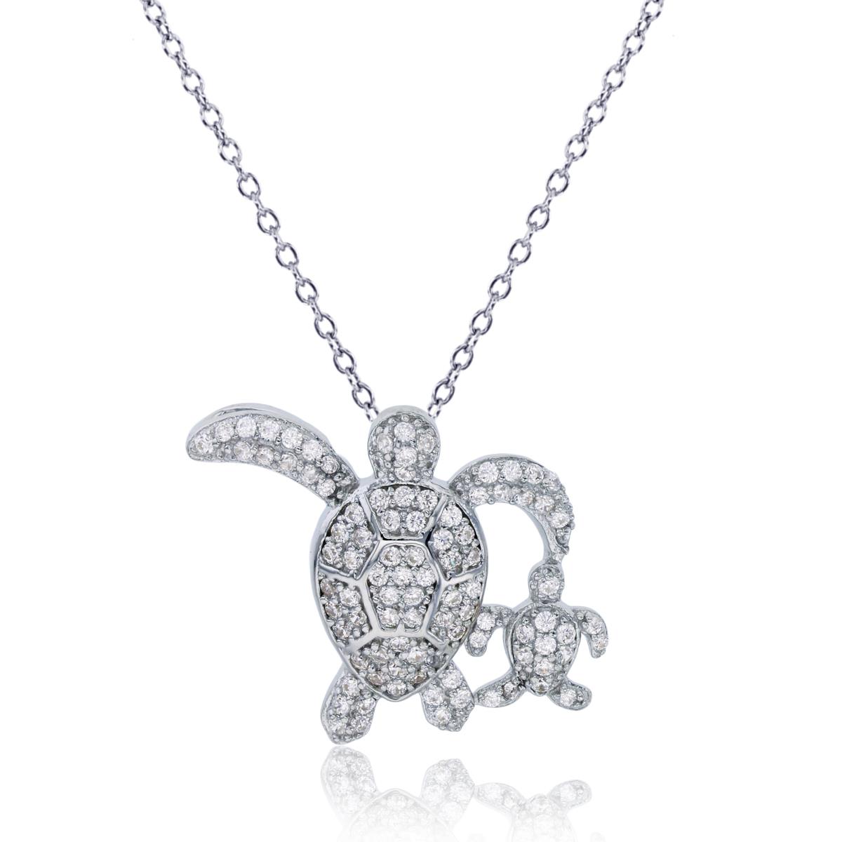 Sterling Silver Rhodium Micropave Mom & Baby Turtle 18" Necklace