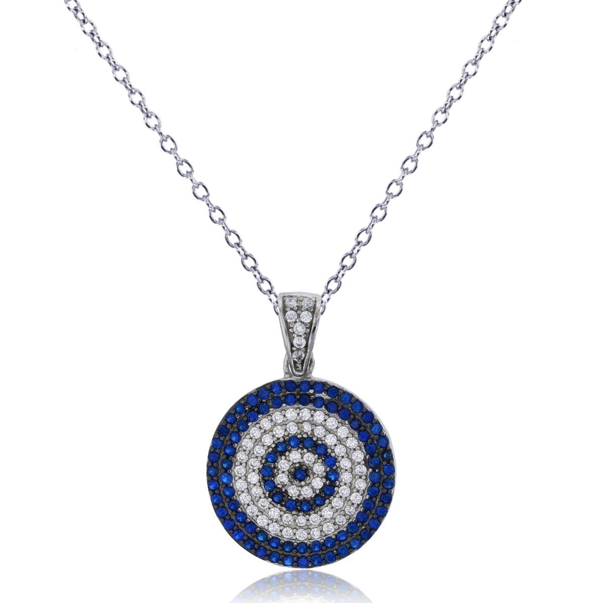 Sterling Silver Rhodium Micropave Blue & White Evil Eye 18" Necklace