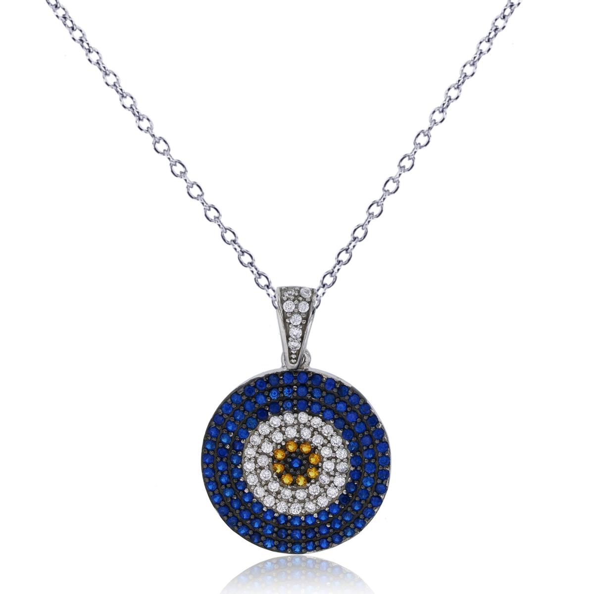 Sterling Silver Rhodium Micropave Multi-Color Glass Rd Evil Eye 18" Necklace