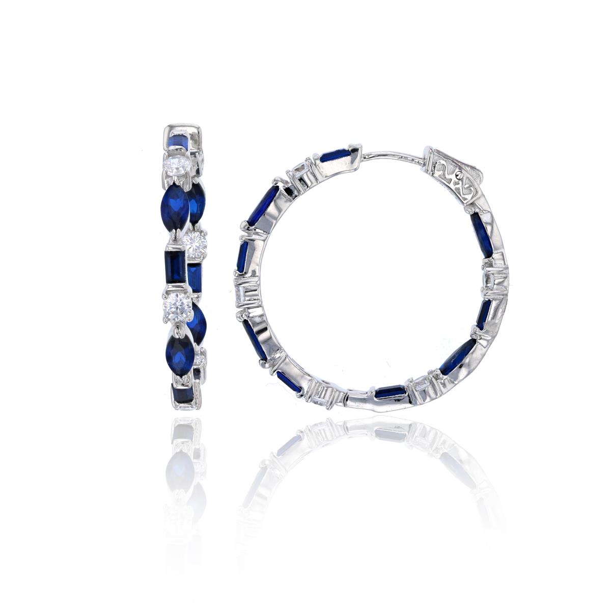 Sterling Silver Rhodium Multi-Cut Blue Sapphire & White Glass Fancy Hoop Earring