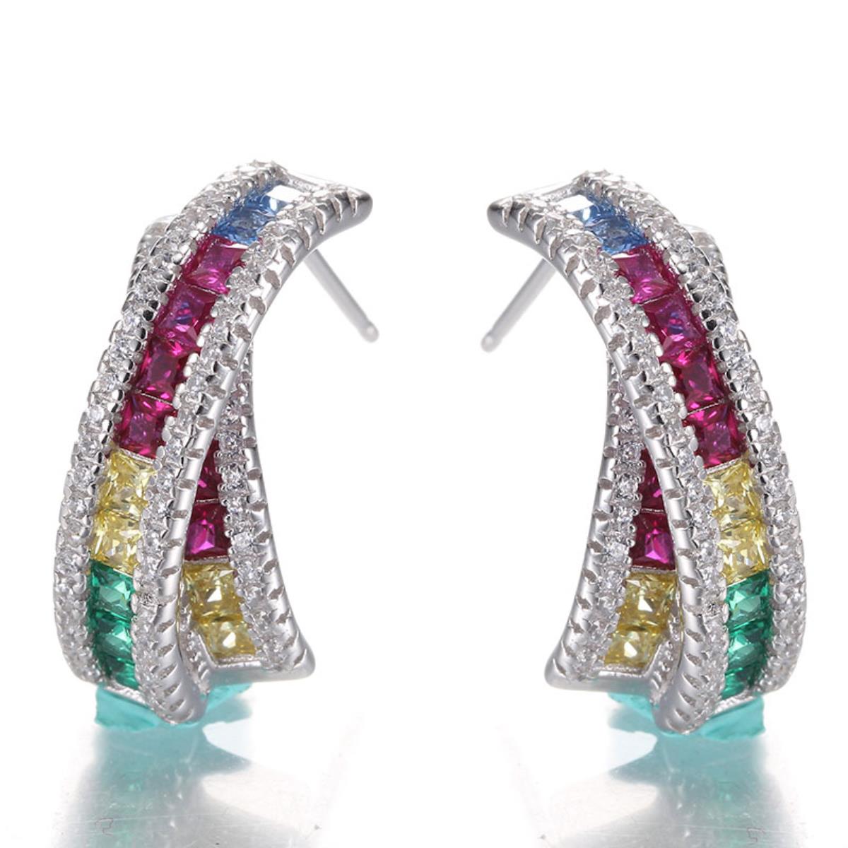 Sterling Silver Rhodium Pave Channel Rainbow Color Glass Princess Half Hoop Earring