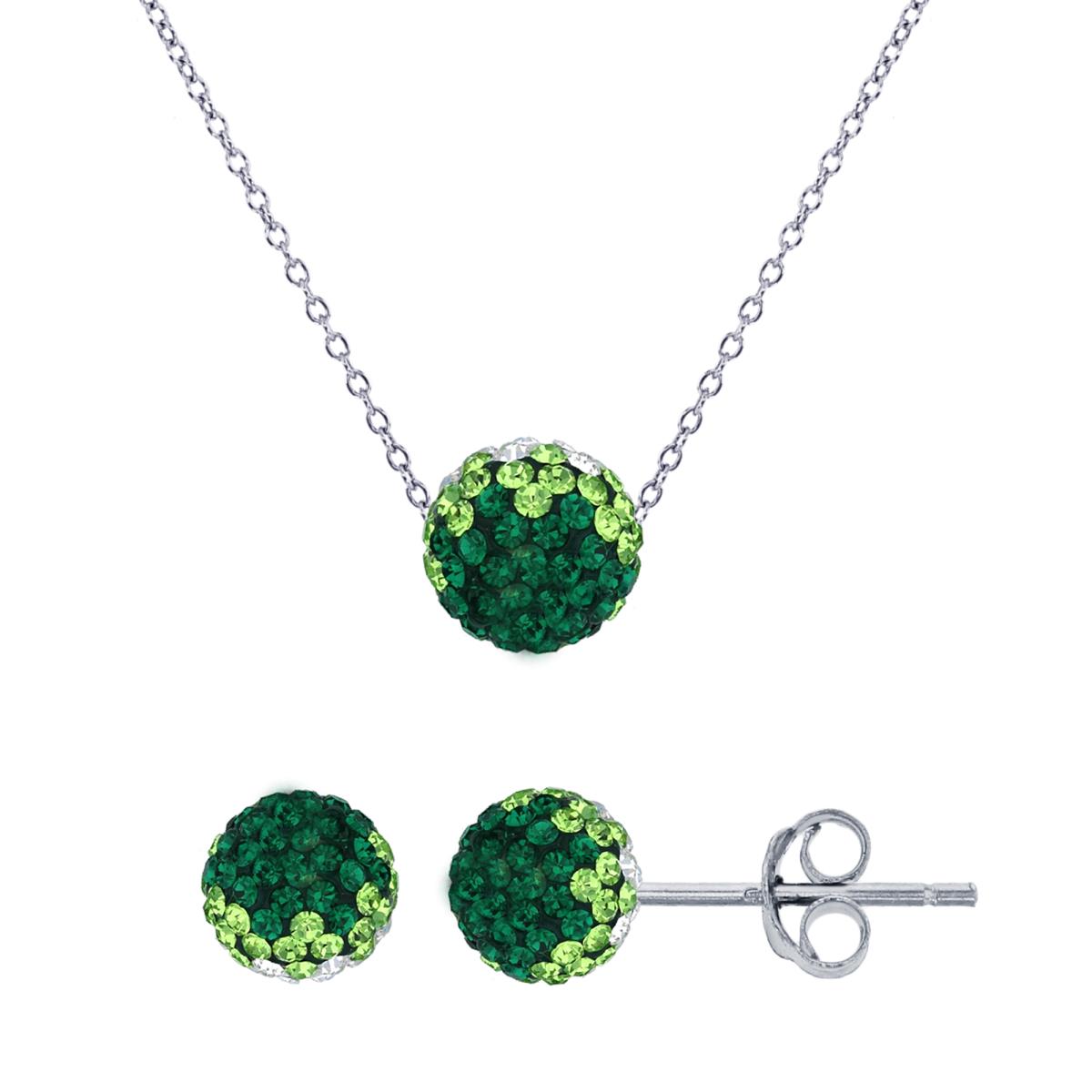 Sterling Silver Rhodium 6mm Wmerald Ombre Crystal Fireball Bead Stud & 8mm 18" Necklace Set