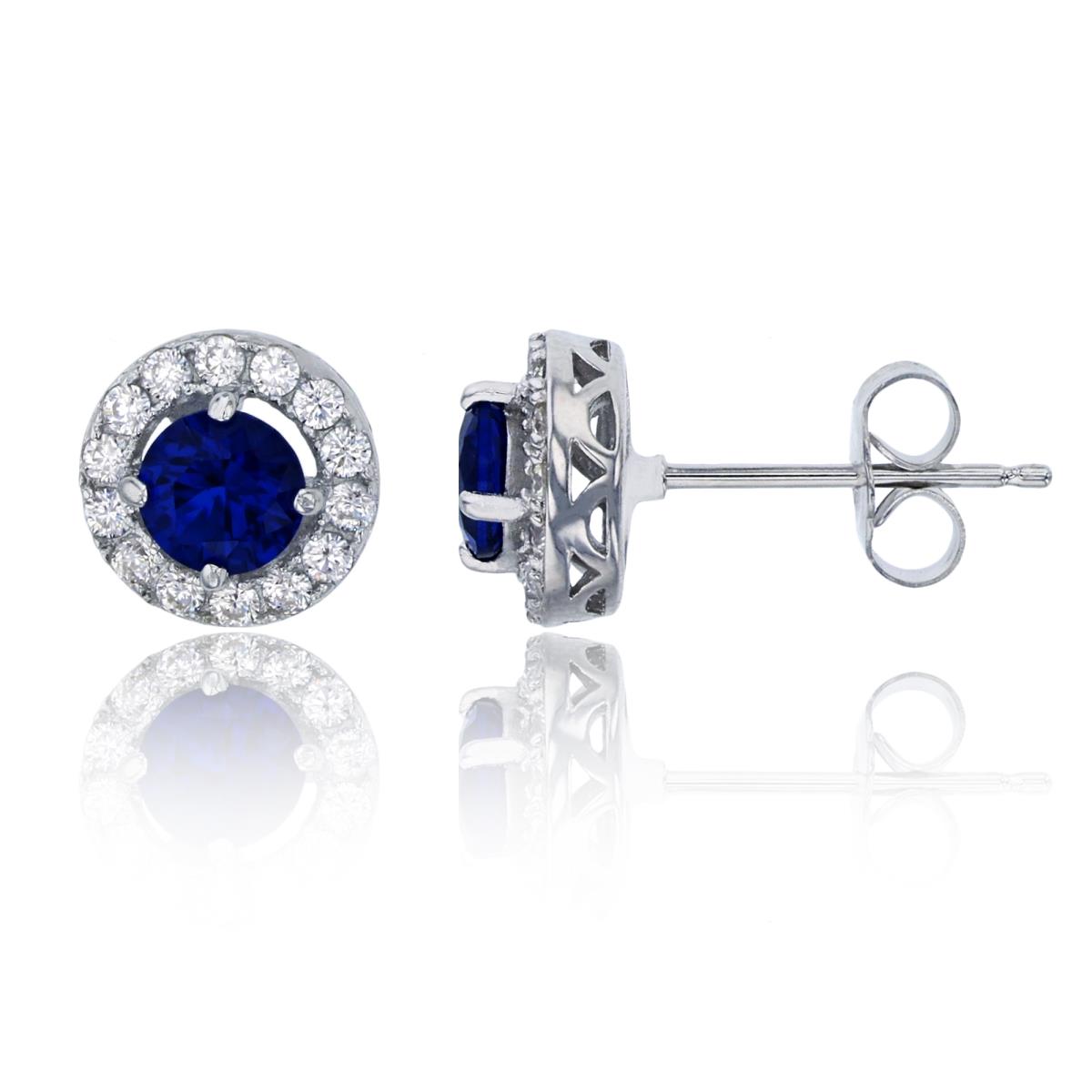 Sterling Silver Rhodium Pave 5mm Rd Blue Glass Halo Stud Earring