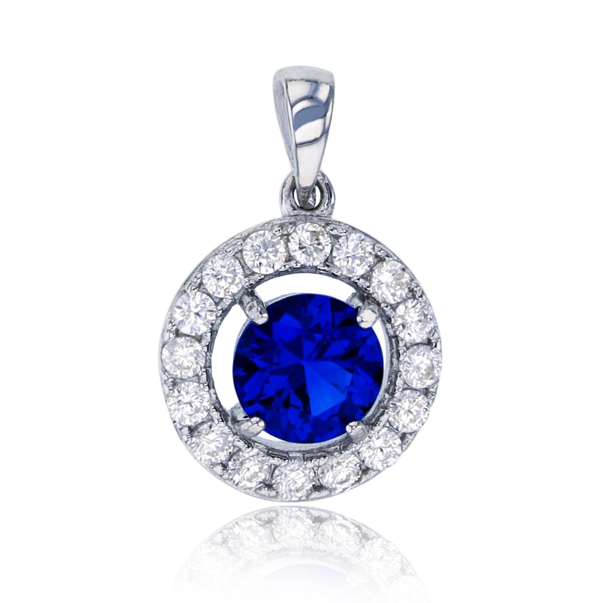 Sterling Silver Rhodium Pave 6mm Rd Blue Glass Halo Pendant