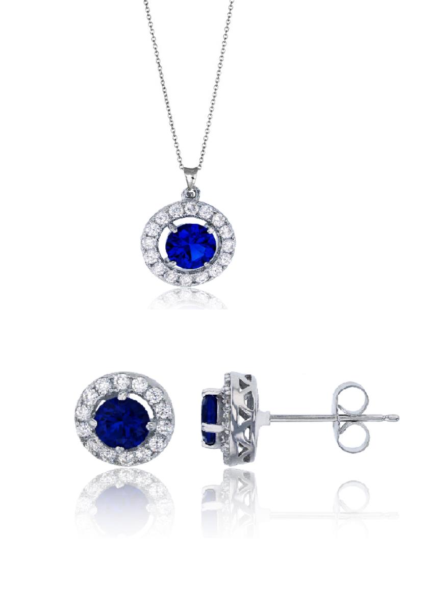 Sterling Silver Rhodium Pave Rd Blue Glass Halo 18" Necklace & Earring Set