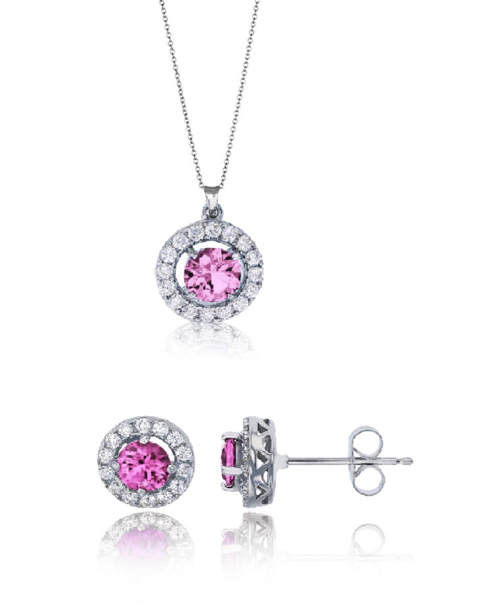 Sterling Silver Rhodium Pave Rd Pink CZ Halo 18" Necklace & Earring Set