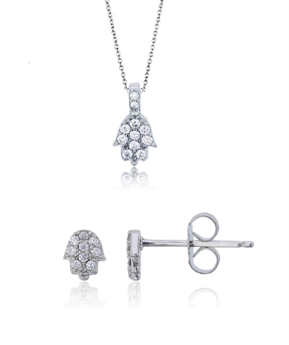 Sterling Silver Rhodium Micropave Petite Hamsa 13"+2" Necklace & Stud Earring Set