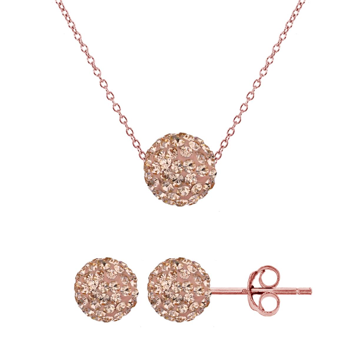 Sterling Silver Rose 6mm Champagne Crystal Fireball Bead Stud & 8mm 18" Necklace Set