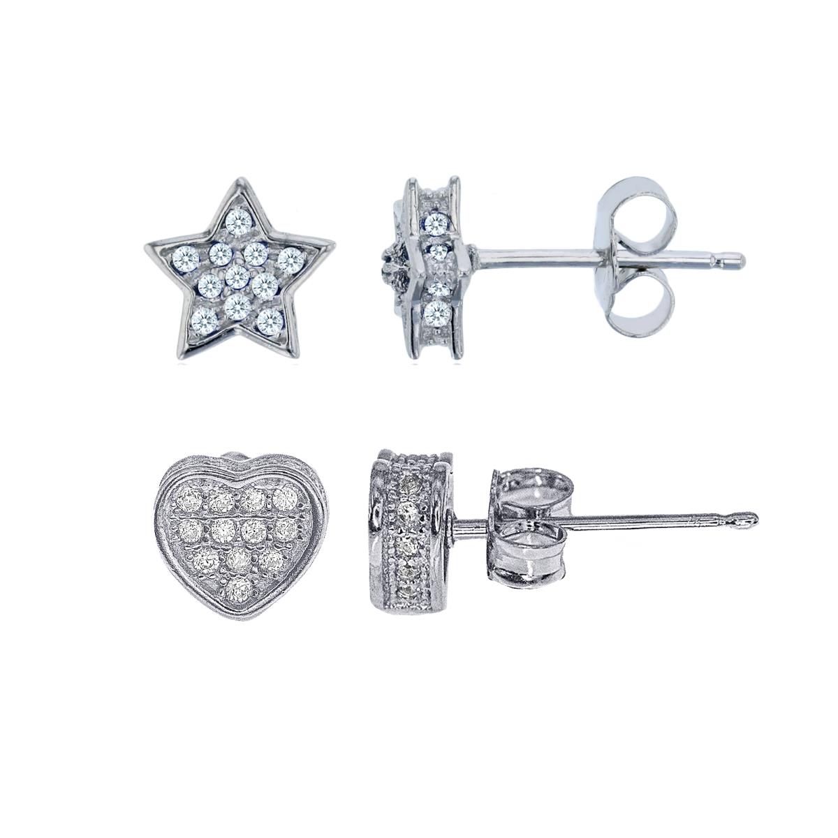 Sterling Silver Micropave 3D Heart & Star Stud Earring Set