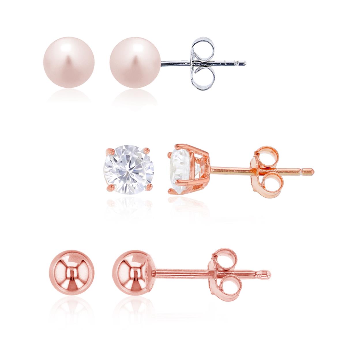Sterling Silver FWP Button, AAA Rd Solitaire &  High Polish Ball Stud Earring Set