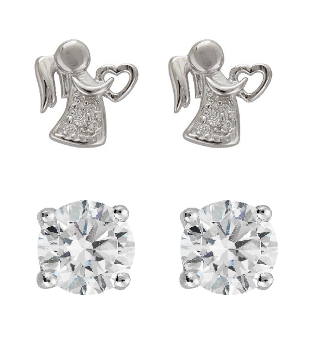 Sterling Silver Micropave Angel & 5mm AAA Rd Solitaire Stud Earring Set