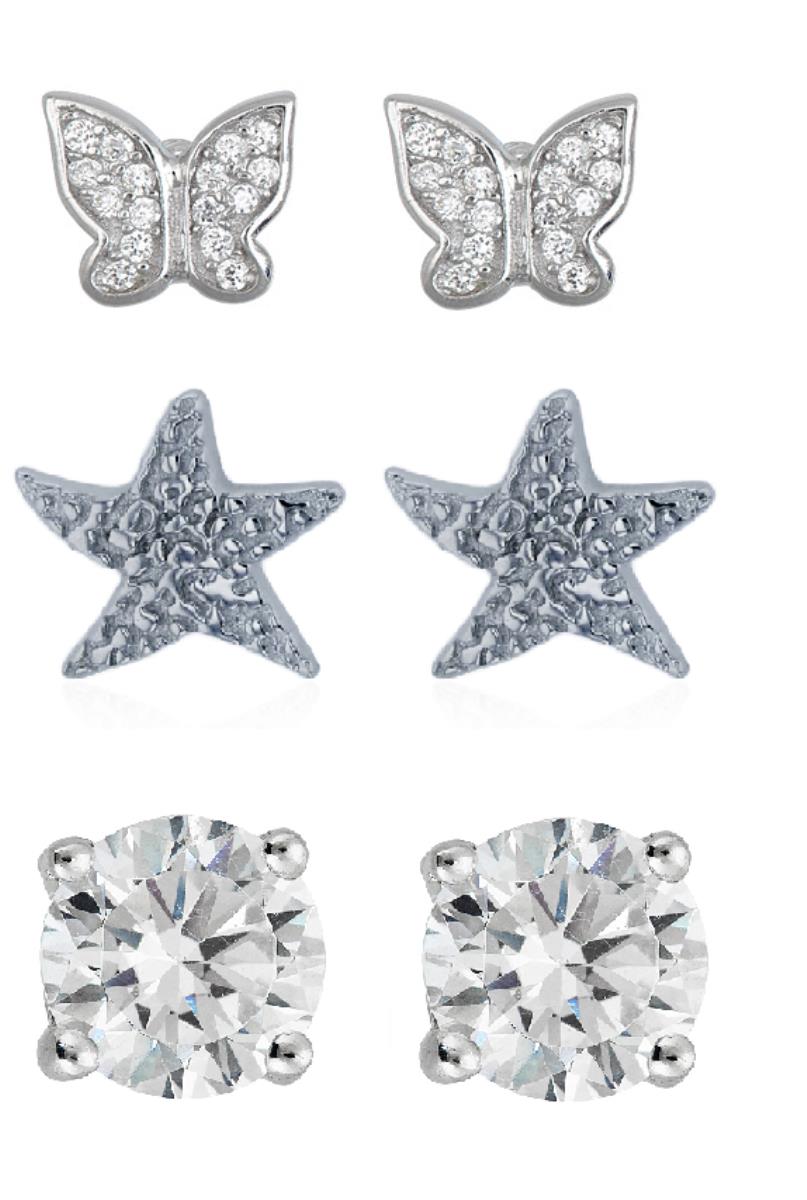 Sterling Silver Pave Butterfly, Textured Starfish & 5mm AAA Rd Solitaire Stud Earring Set
