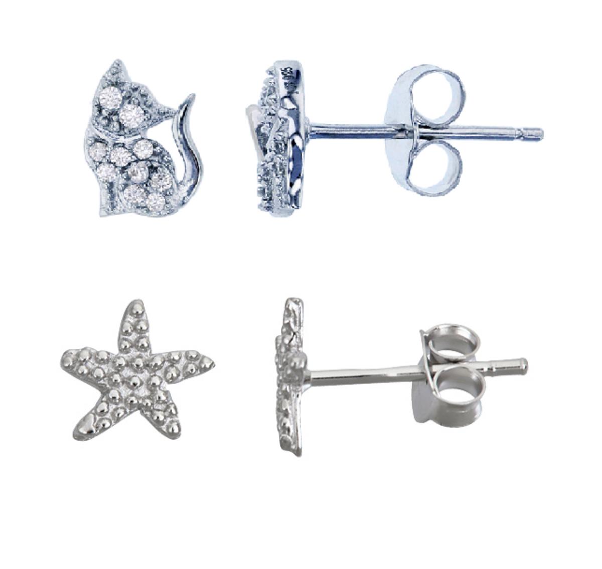 Sterling Silver Rhodium Micropave Cat & Starfish Stud Earring Set