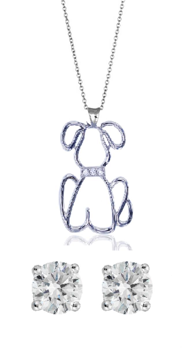 Sterling Silver Rhodium Pave Open Dog 13"+2" Necklace & 5mm Rd Solitaire Stud Earring Set