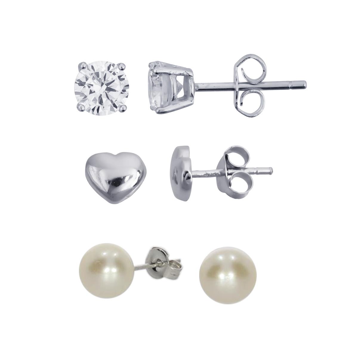 Sterling Silver Rhodium 5mm Rd Solitaire, Pearl and Polished Heart Stud Set