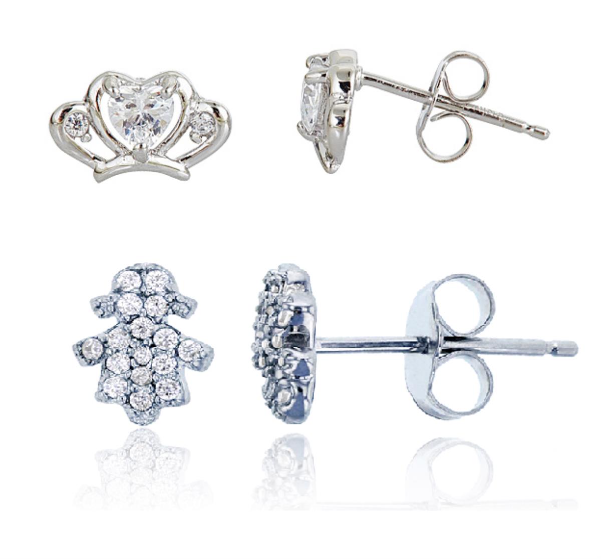 Sterling Silver Micropave Princess Crown & Little Girl Stud Earring Set