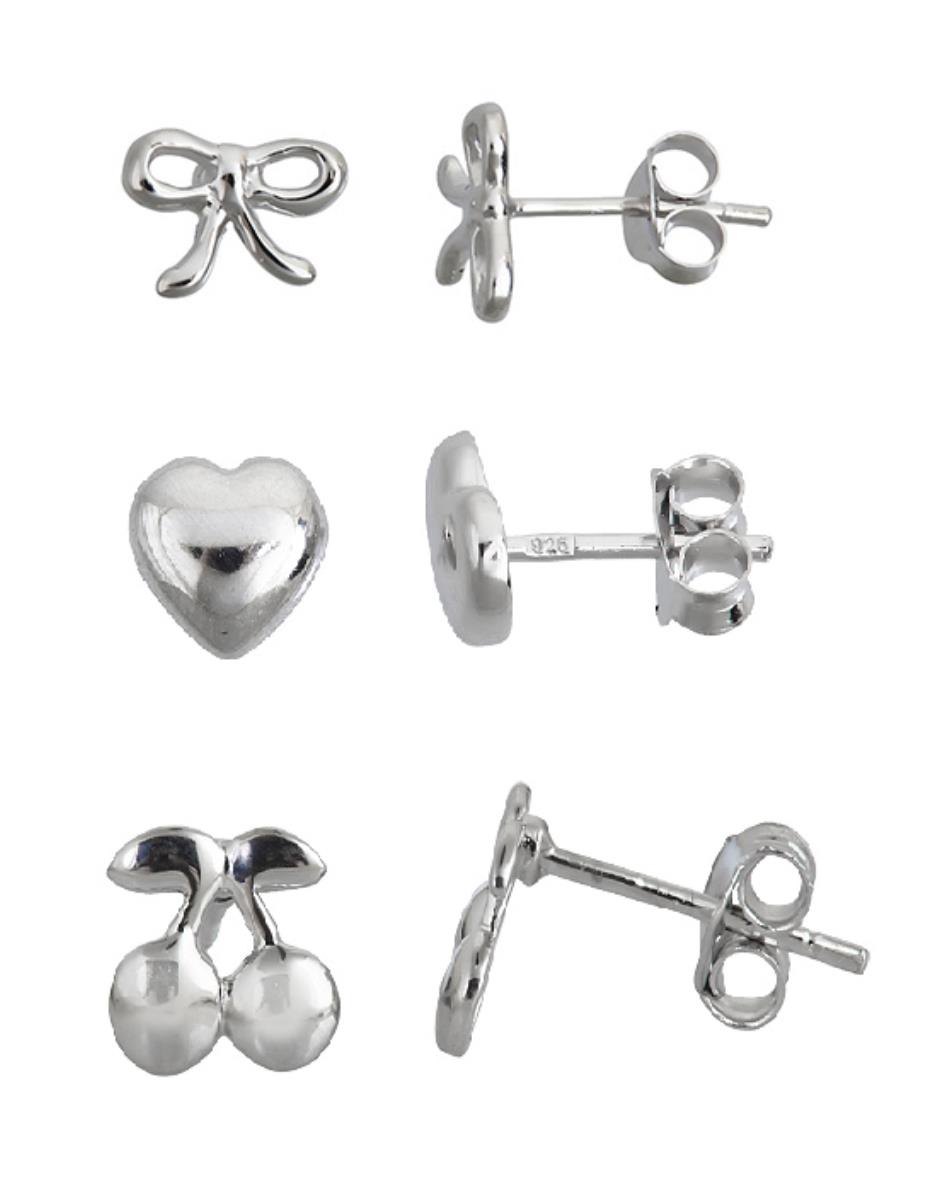Sterling Silver Rhodium Ribbon, Heart & Cherry Sticks Stud Earring Set
