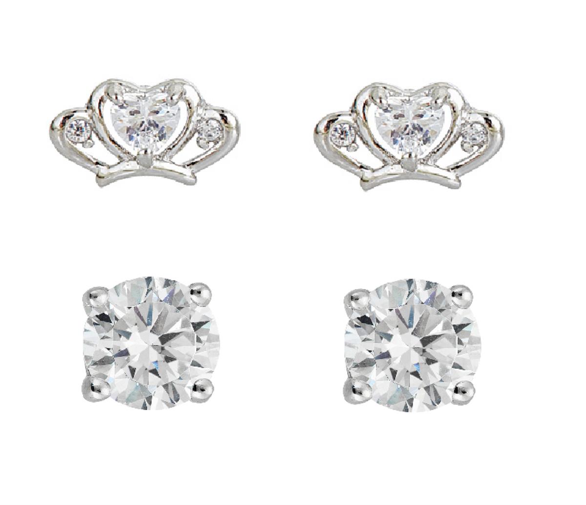 Sterling Silver Micropave Princess Crown & 5mm AAA Rd Solitaire Stud Earring Set