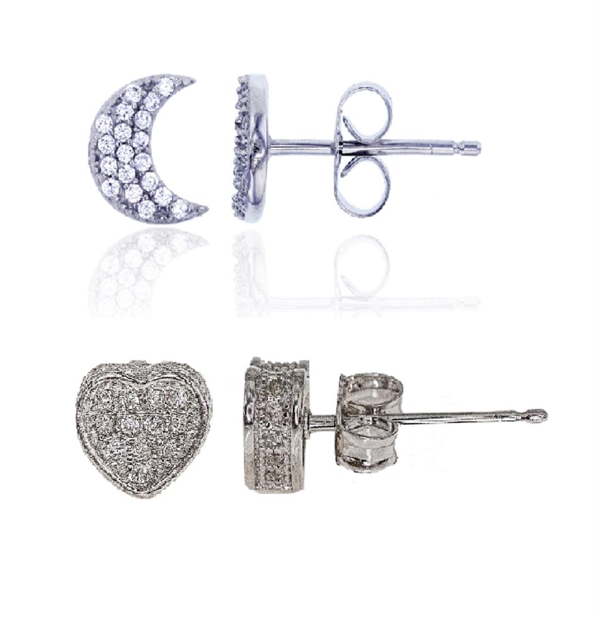 Sterling Silver Rhodium Micropave Crescent Moon & 3D Heart Stud Earring Set