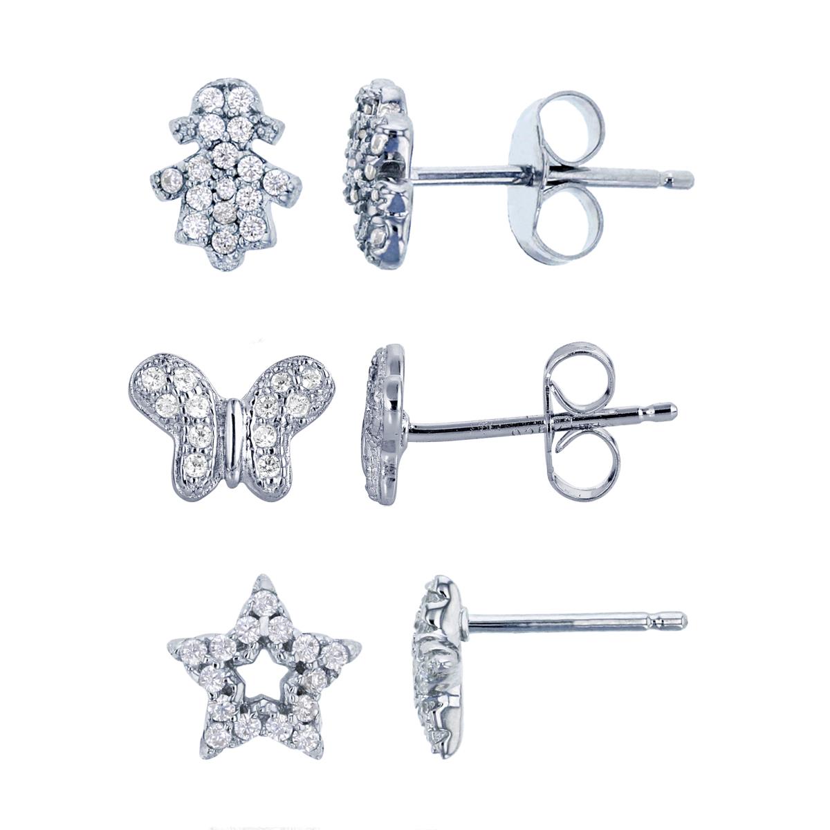 Sterling Silver Rhodium Micropave Little Girl, Butterly & Open Star Stud Earring Set