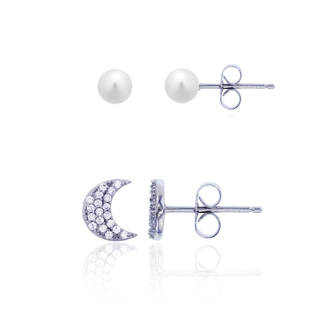 Sterling Silver Rhodium Micropave Crescent Moon & 5-6mm Freshwater Pearl Stud Earring Set